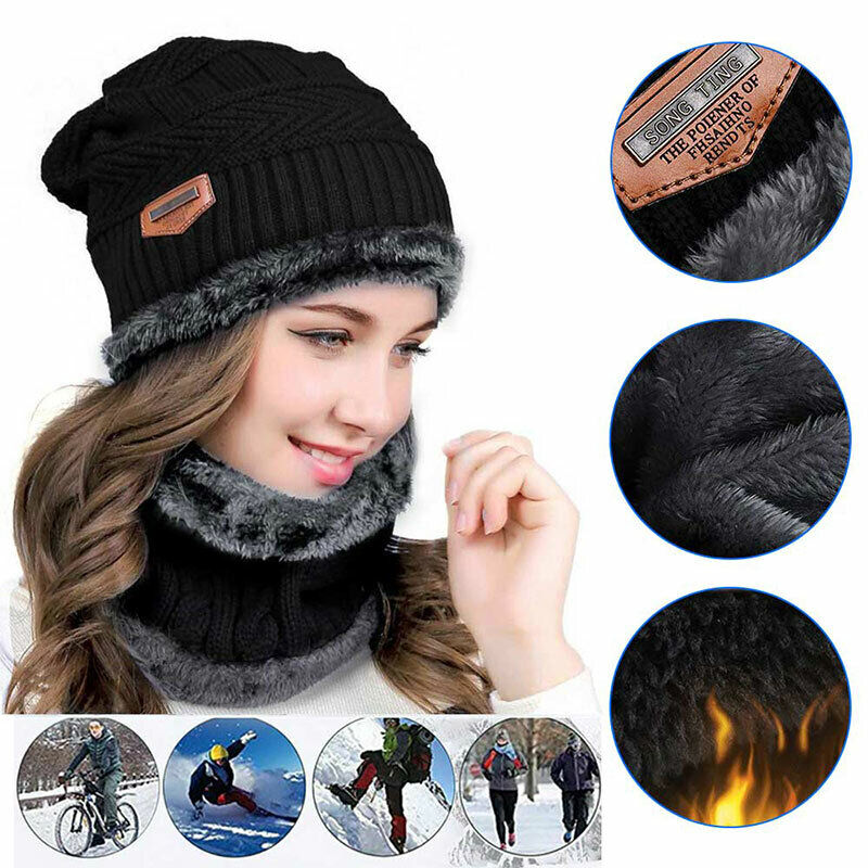 Beanie Hat Scarf Set Neck Cover Winter Warm Fleece Knitted Thick Ski Cap - UK