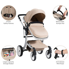 2 in 1 Foldable Baby Stroller with Rain Cover and Mosquito Net - Beige