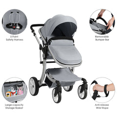 2 in 1 Foldable Baby Stroller with Rain Cover and Mosquito Net - Grey
