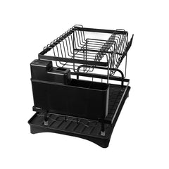2 Tier Sink Dish Drainer Rack with Drip Tray Plate Rack Cutlery Holder for Kitchen - Black