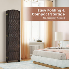 6 Panel Folding Room Divider with Hand-Woven Wicker for Home Office-brown
