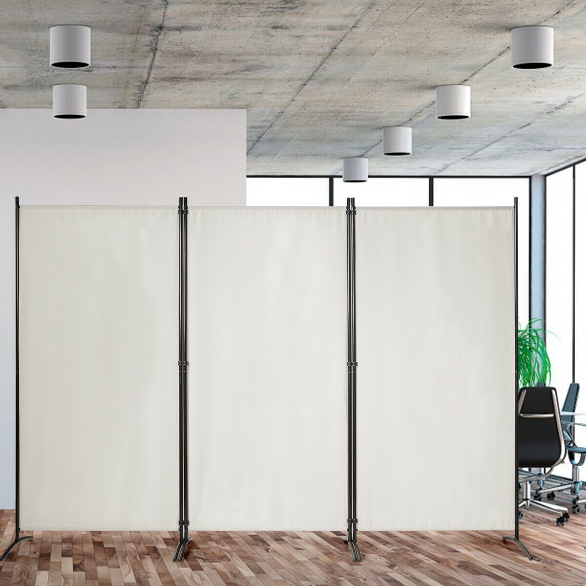 3-Panel Freestanding Wood Room Divider with Durable Hinges Steel Base-Grey