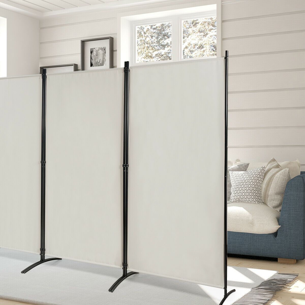 3-Panel Freestanding Wood Room Divider with Durable Hinges Steel Base-Grey