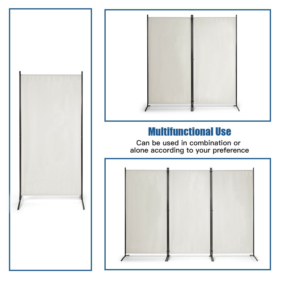 3-Panel Freestanding Wood Room Divider with Durable Hinges Steel Base-Grey