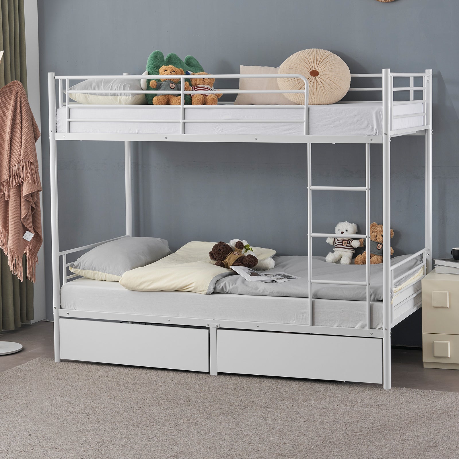 Twin Over Twin Bunk Bed with Two Storage Drawers & Full-Length Guard Rail, Heavy Duty Metal Bunk Bed for Kids Teens Adults, White