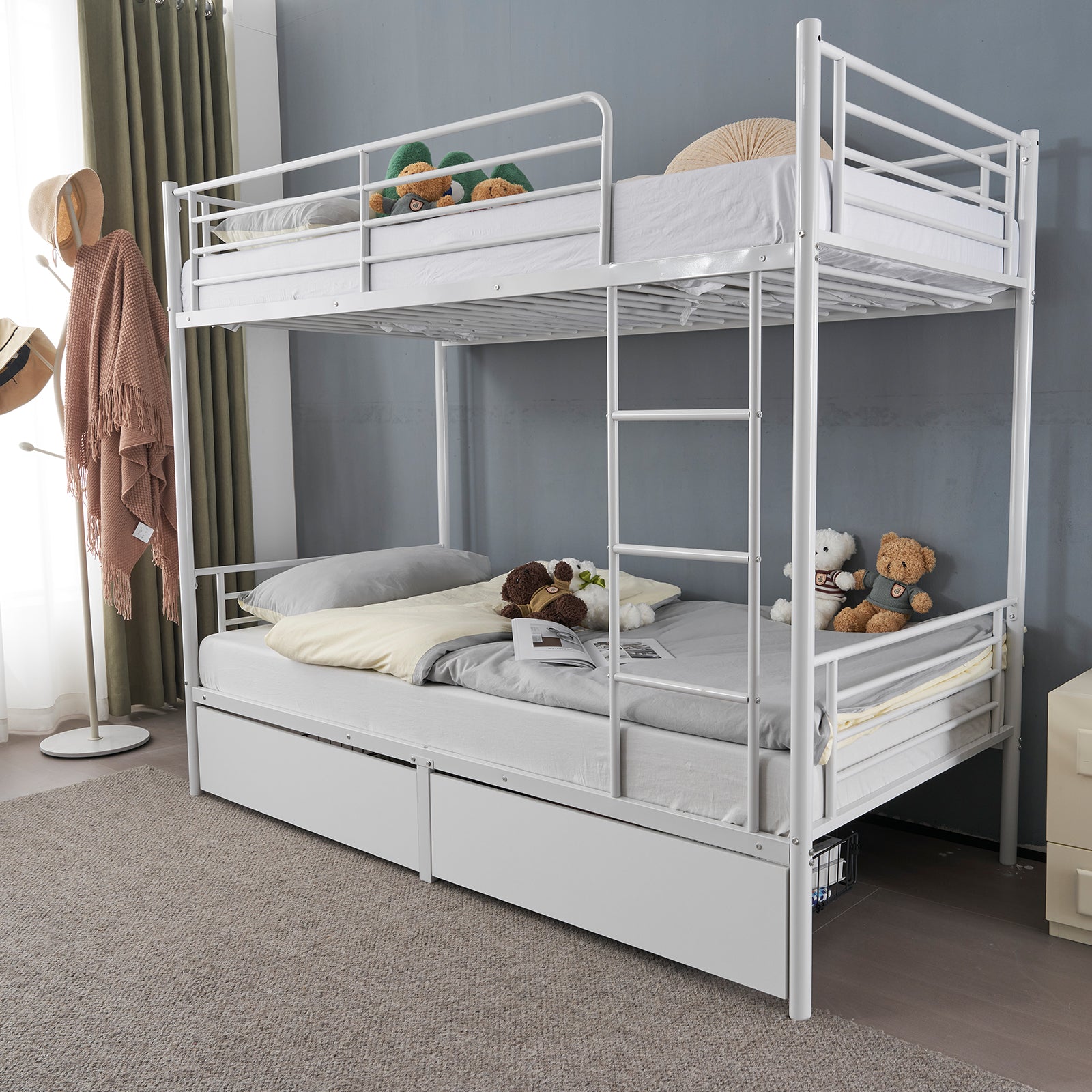 Twin Over Twin Bunk Bed with Two Storage Drawers & Full-Length Guard Rail, Heavy Duty Metal Bunk Bed for Kids Teens Adults, White