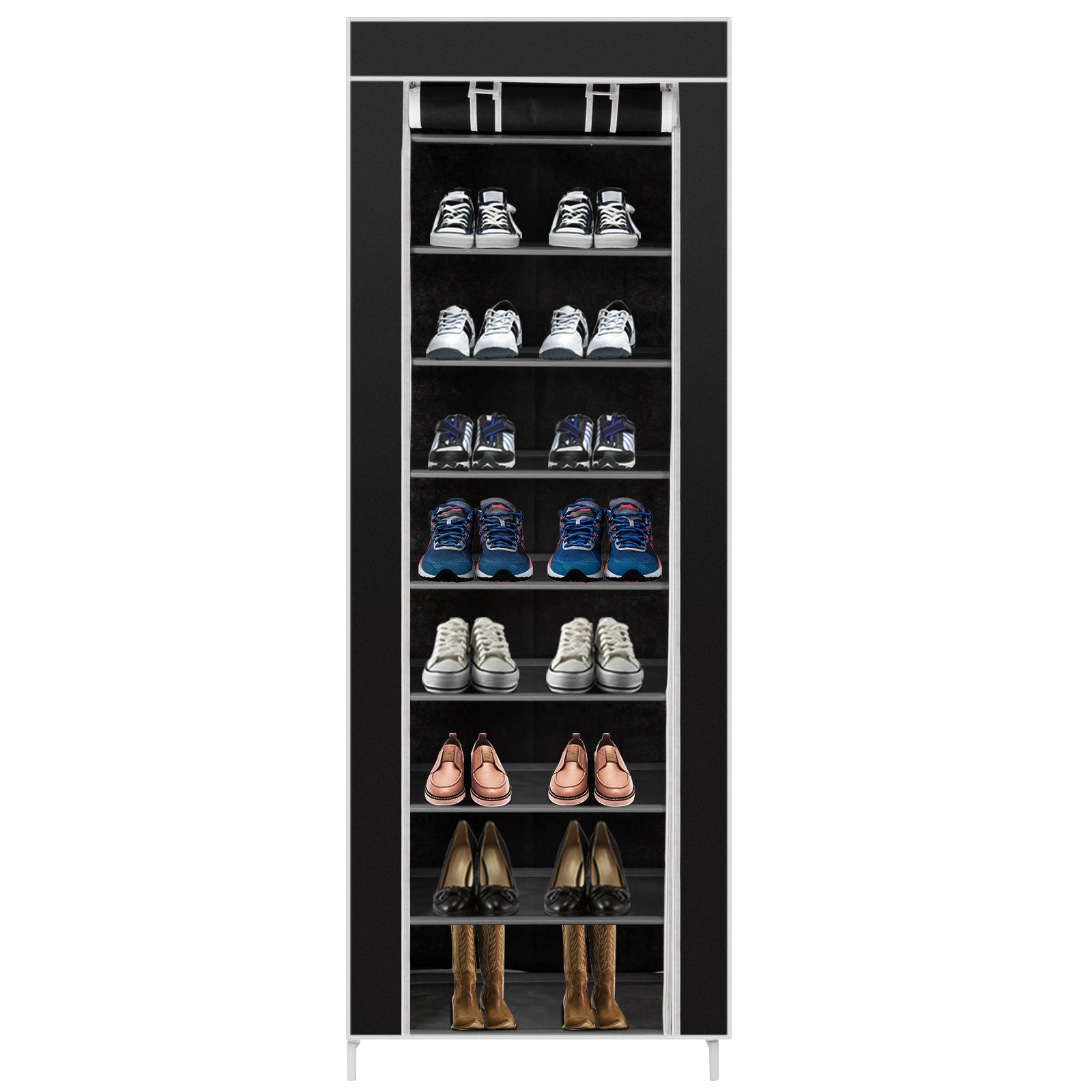 Room-saving 10-Layers 9 Lattices Non-woven Fabric Shoe Rack Black