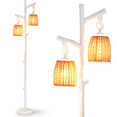 Dimmable 2 Lights Farmhouse Floor Lamp with Foot Switch with Rattan Style