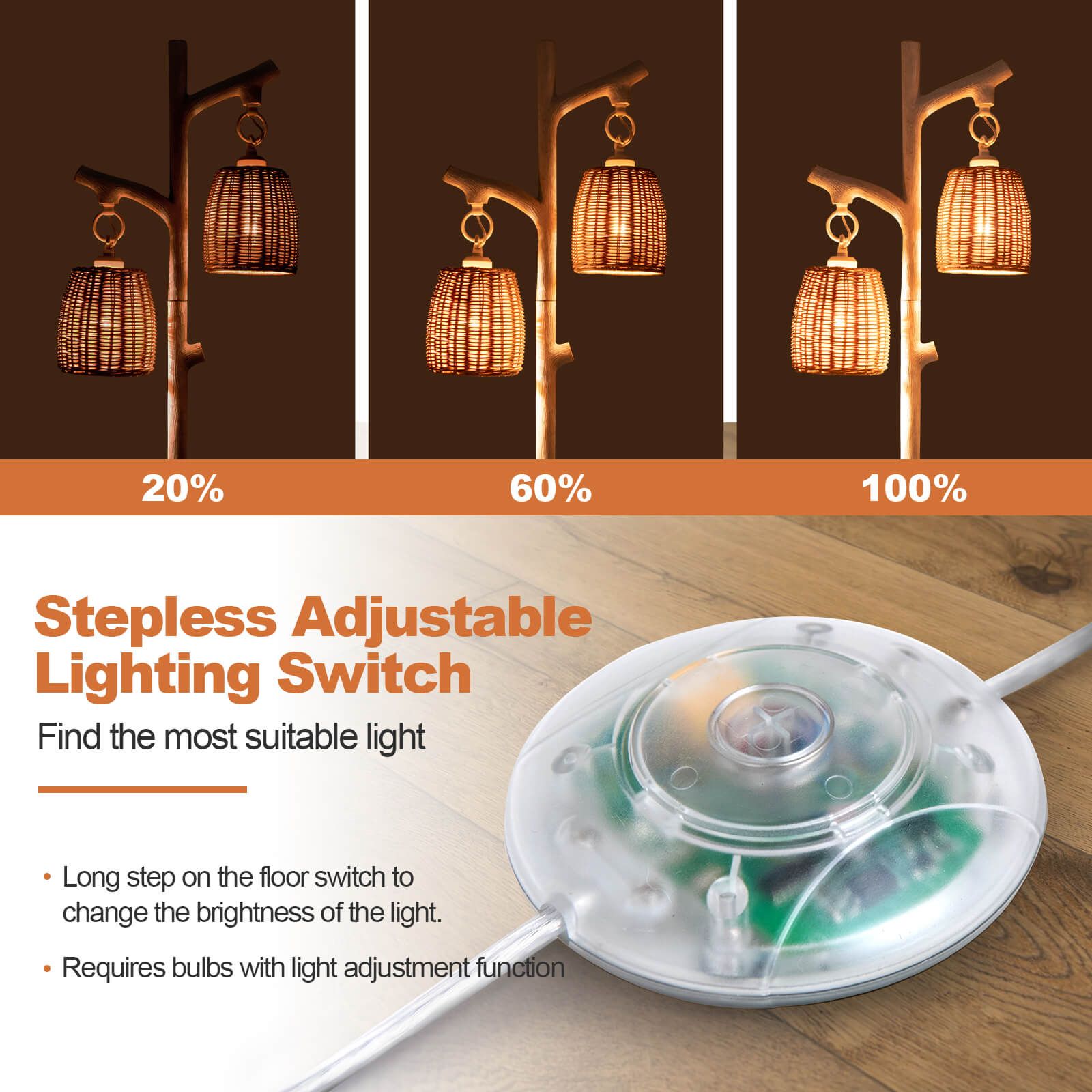 Dimmable 2 Lights Farmhouse Floor Lamp with Foot Switch with Rattan Style