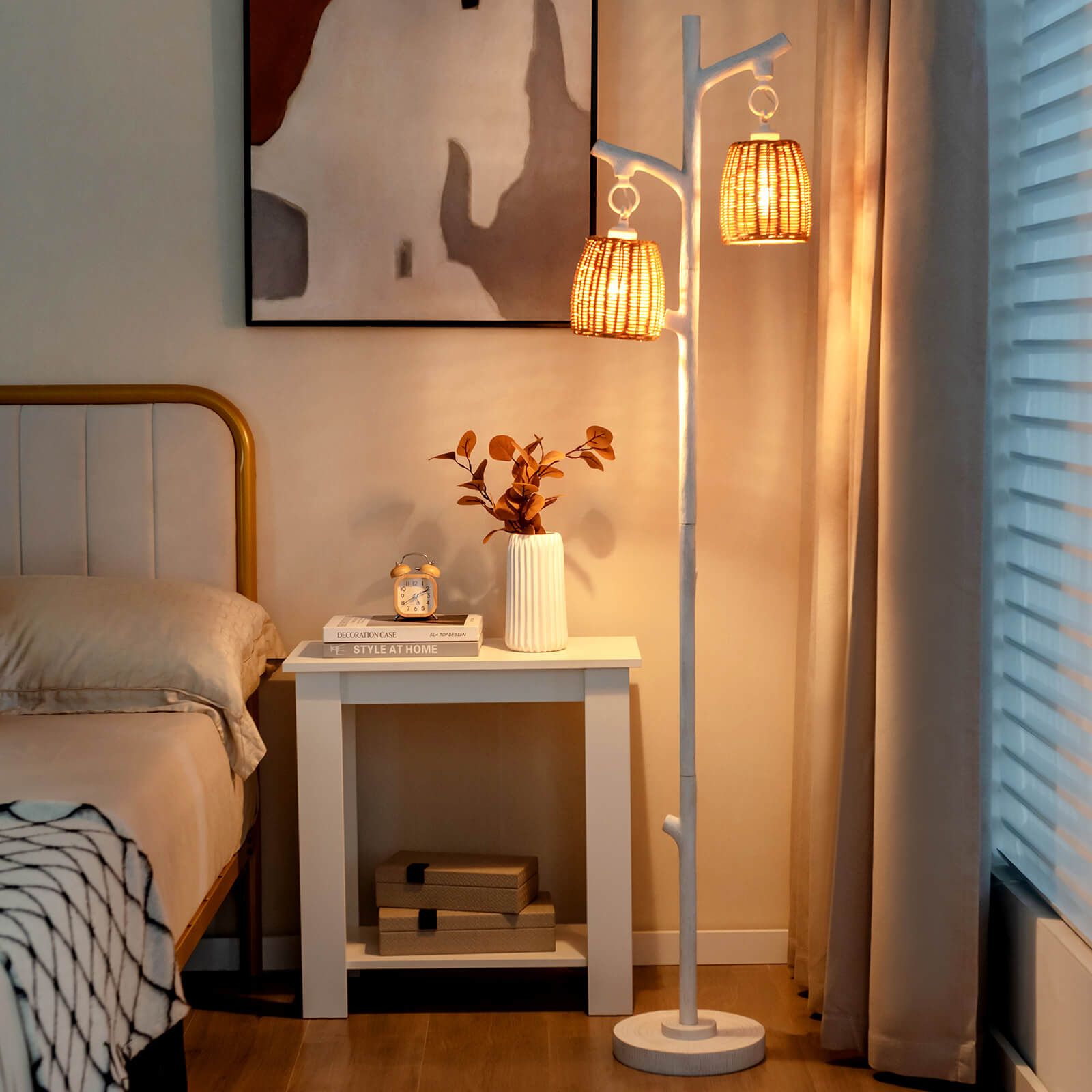 Dimmable 2 Lights Farmhouse Floor Lamp with Foot Switch with Rattan Style