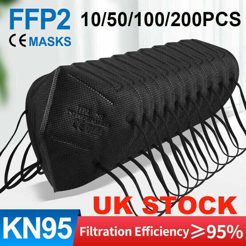 10-200Pcs FFP2 Face Mask Protective Covering Mouth-muffle 5-ply Black / White-UK