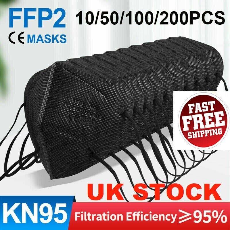 10-200Pcs FFP2 Face Mask Protective Covering Mouth-muffle 5-ply Black / White-UK