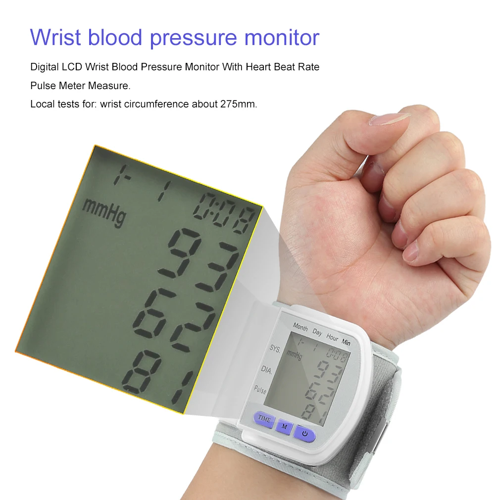 LCD Digital Wrist Blood Pressure Monitor BP Measure Heart Beat Rate Pulse Device