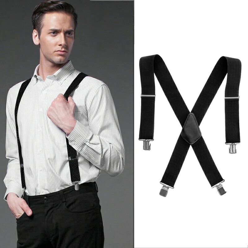 50mm Unisex Mens Men Braces Plain Black Wide & Heavy Duty Suspenders Adjustable