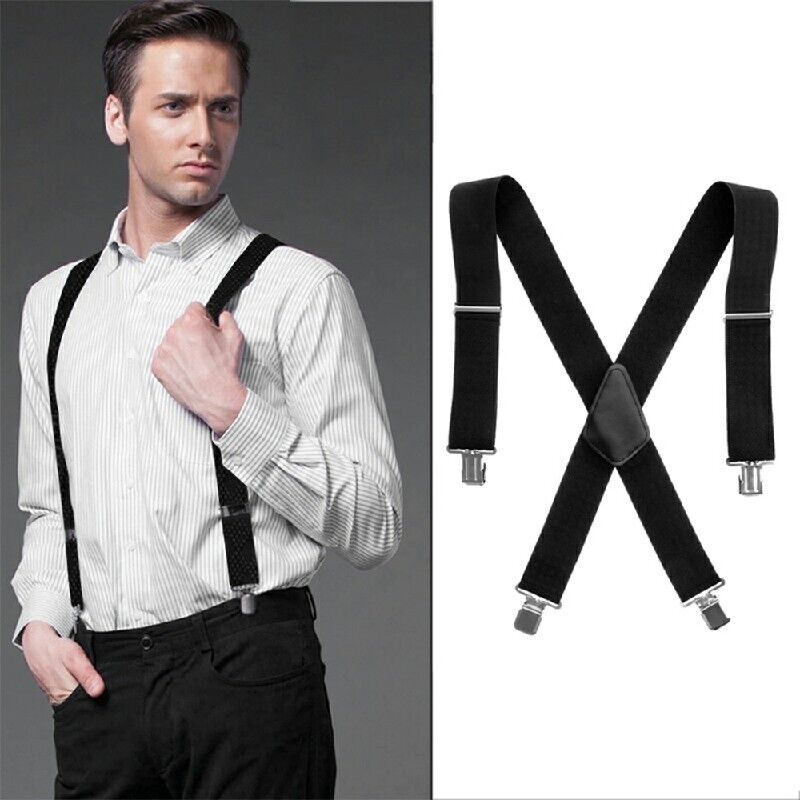 50MM Adjustable Grid Plain Trouser Braces Suspenders Elastic Stratch Band-Black.