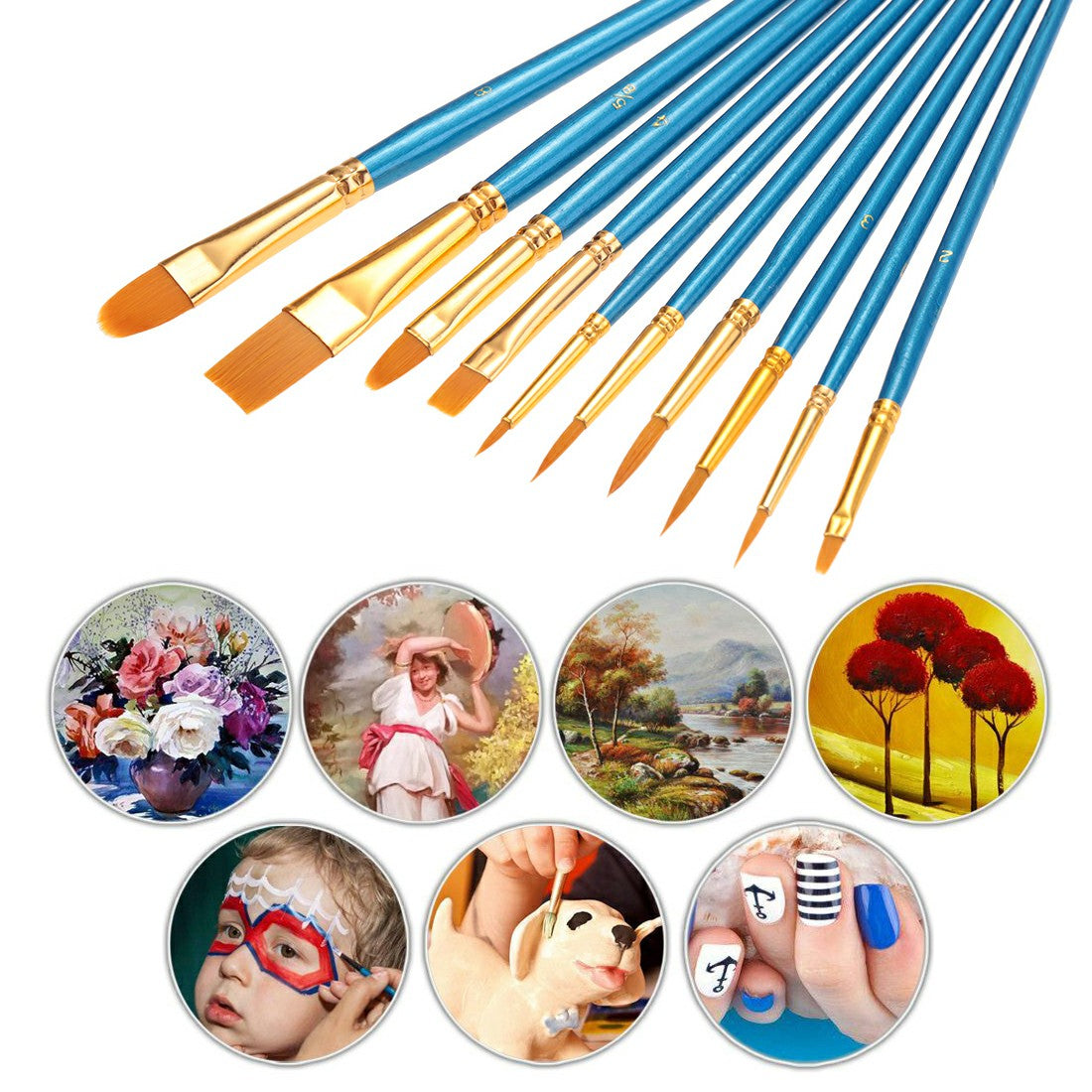 10pcs Face Painting Brushes Round Flat Tip Artist Paint Brush Glitter Art Set
