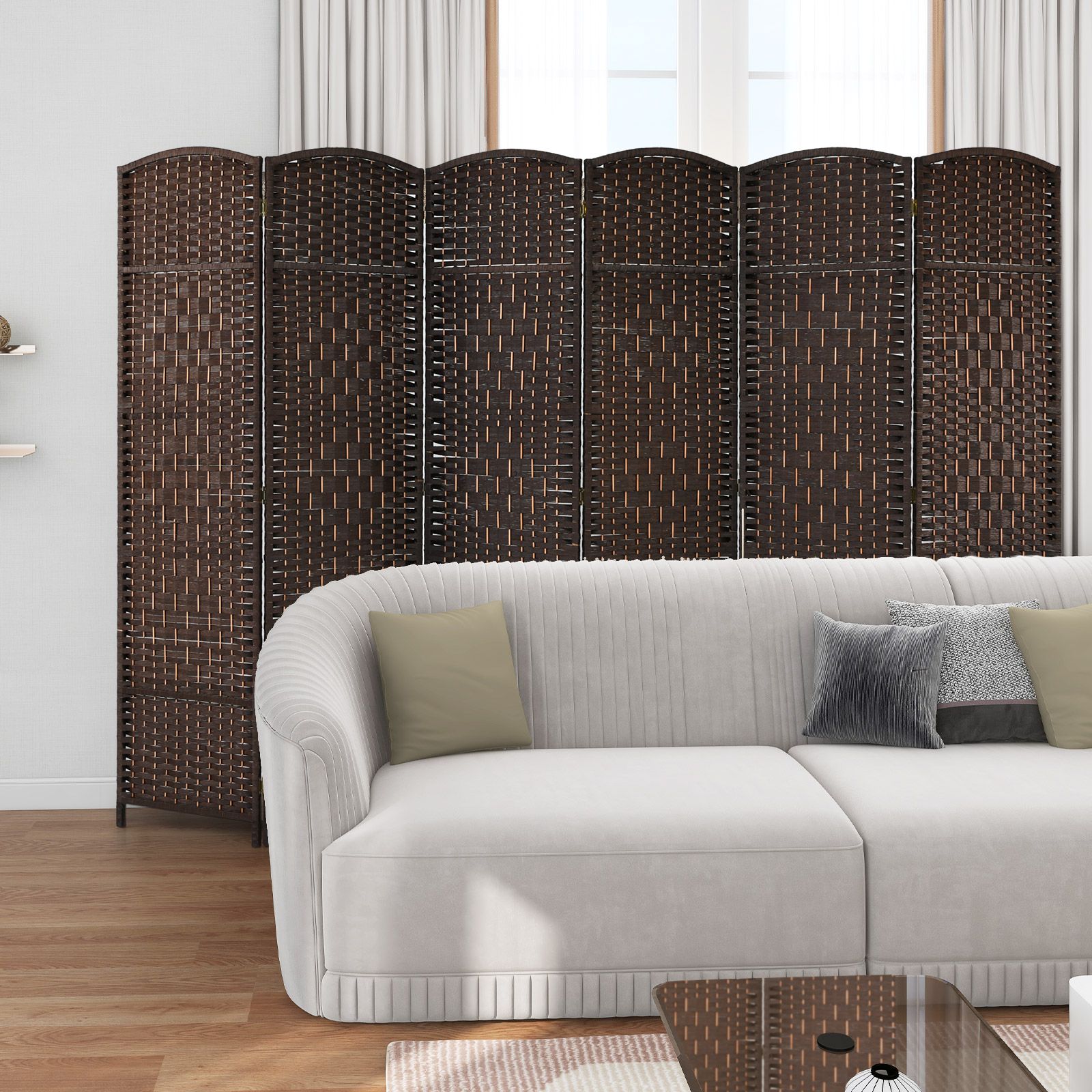 6 Panel Folding Room Divider with Hand-Woven Wicker for Home Office-brown