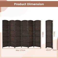 6 Panel Folding Room Divider with Hand-Woven Wicker for Home Office-brown