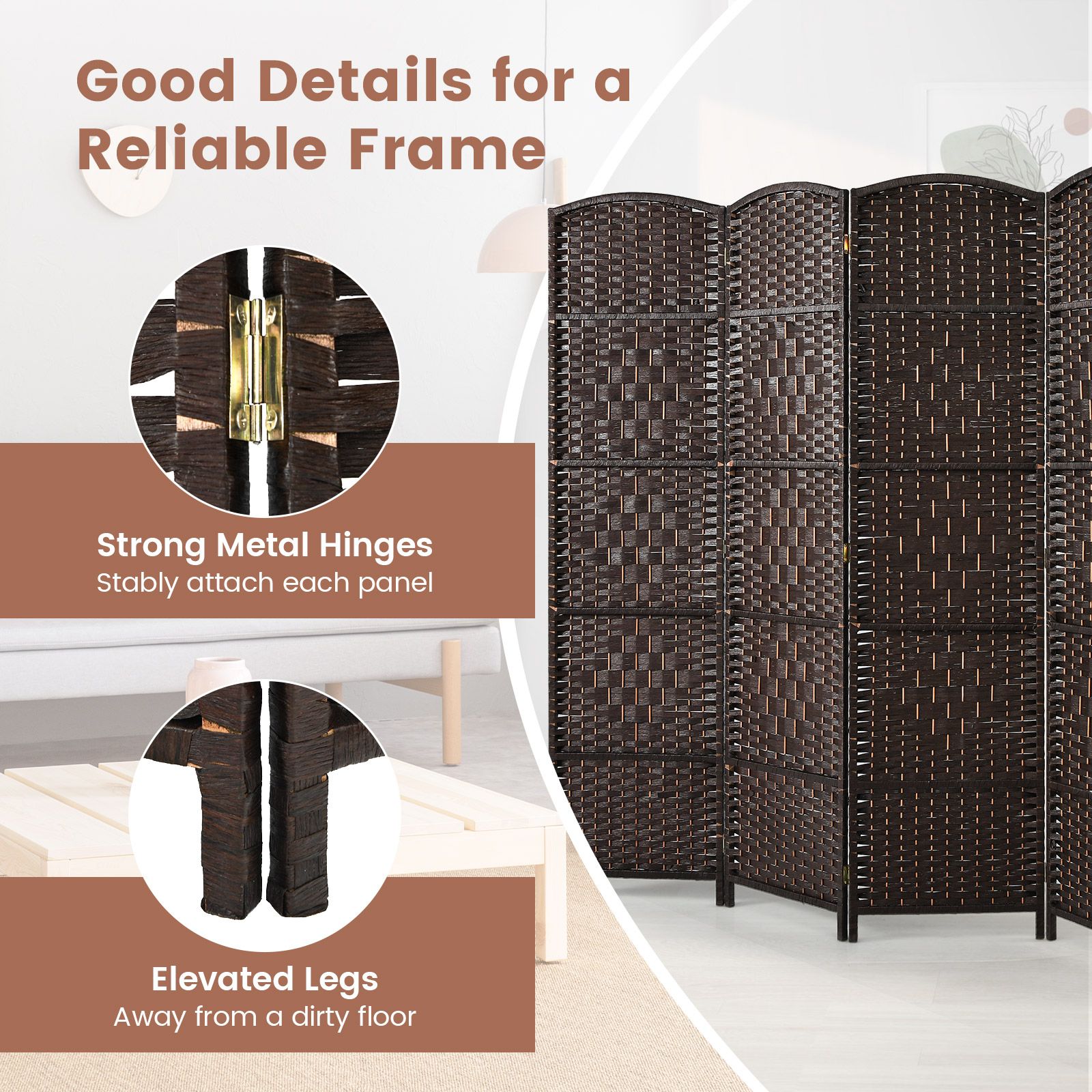 6 Panel Folding Room Divider with Hand-Woven Wicker for Home Office-brown