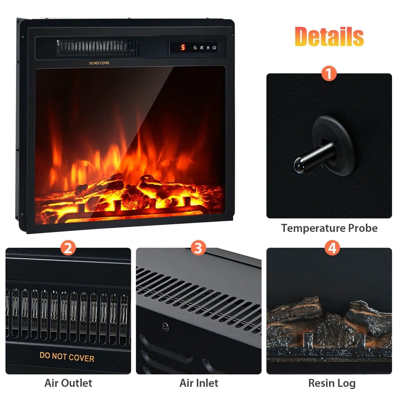 18" Electric Fireplace Freestanding & Recessed Heater Log Flame Remote 1500W