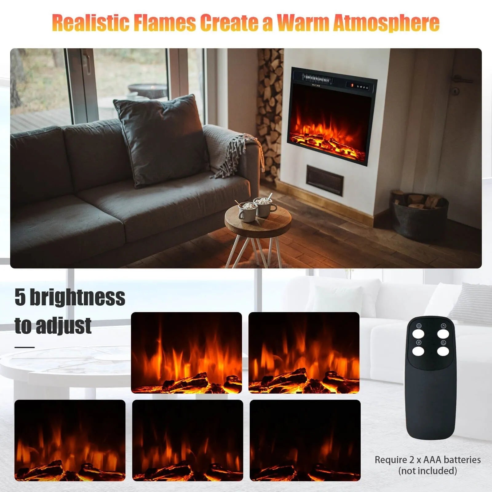 18" Electric Fireplace Freestanding & Recessed Heater Log Flame Remote 1500W