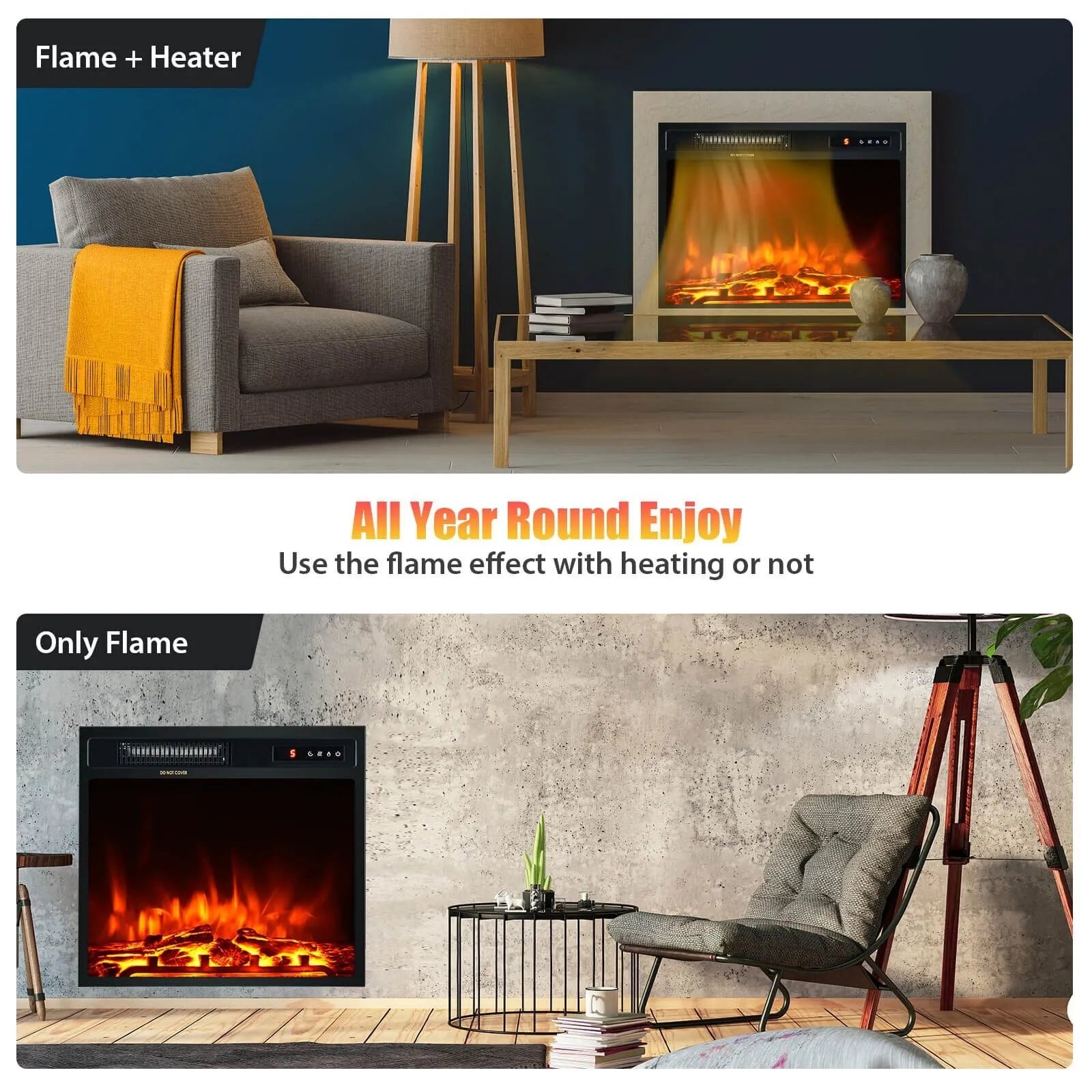 18" Electric Fireplace Freestanding & Recessed Heater Log Flame Remote 1500W