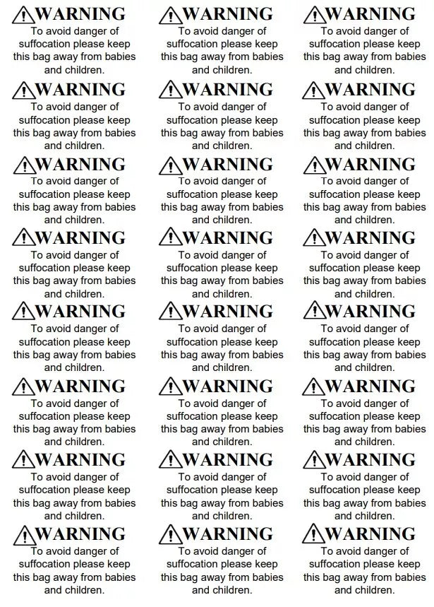 Safety Suffocation Warning Stickers / labels  for Plastic Polythene Bags